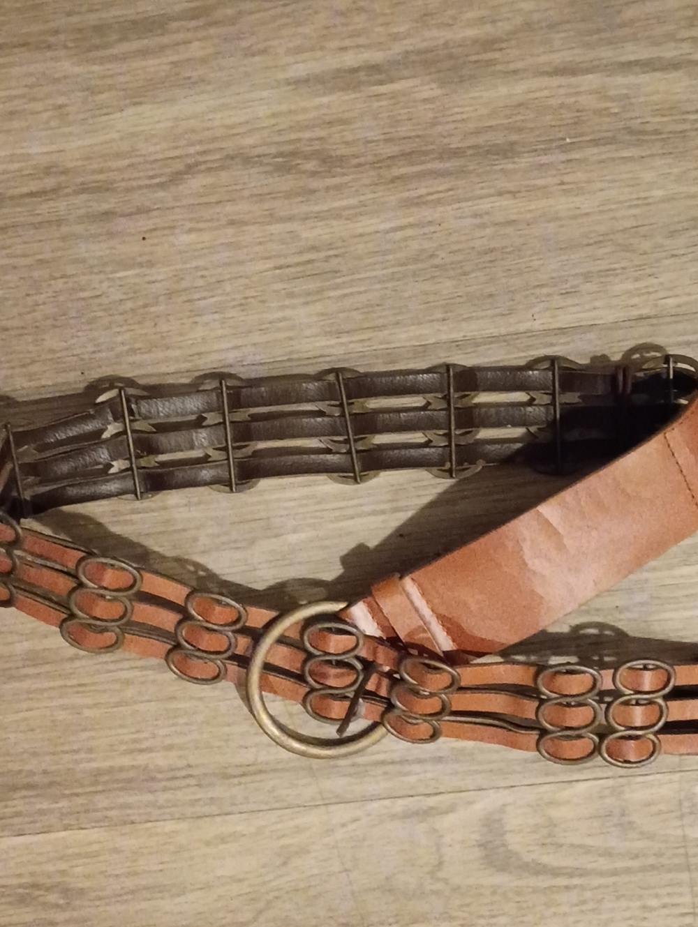Brown Leather Multi-Strap Belt with Brass Ring Detail